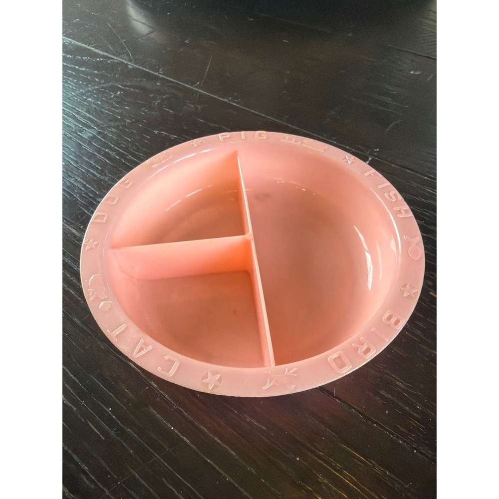Vintage Amsco Doll-E-Dish Pink Divided Doll Bird Fish Pig Dog Cat Plate 5.25"